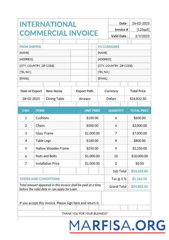 Downloadable International Commercial Invoice Template